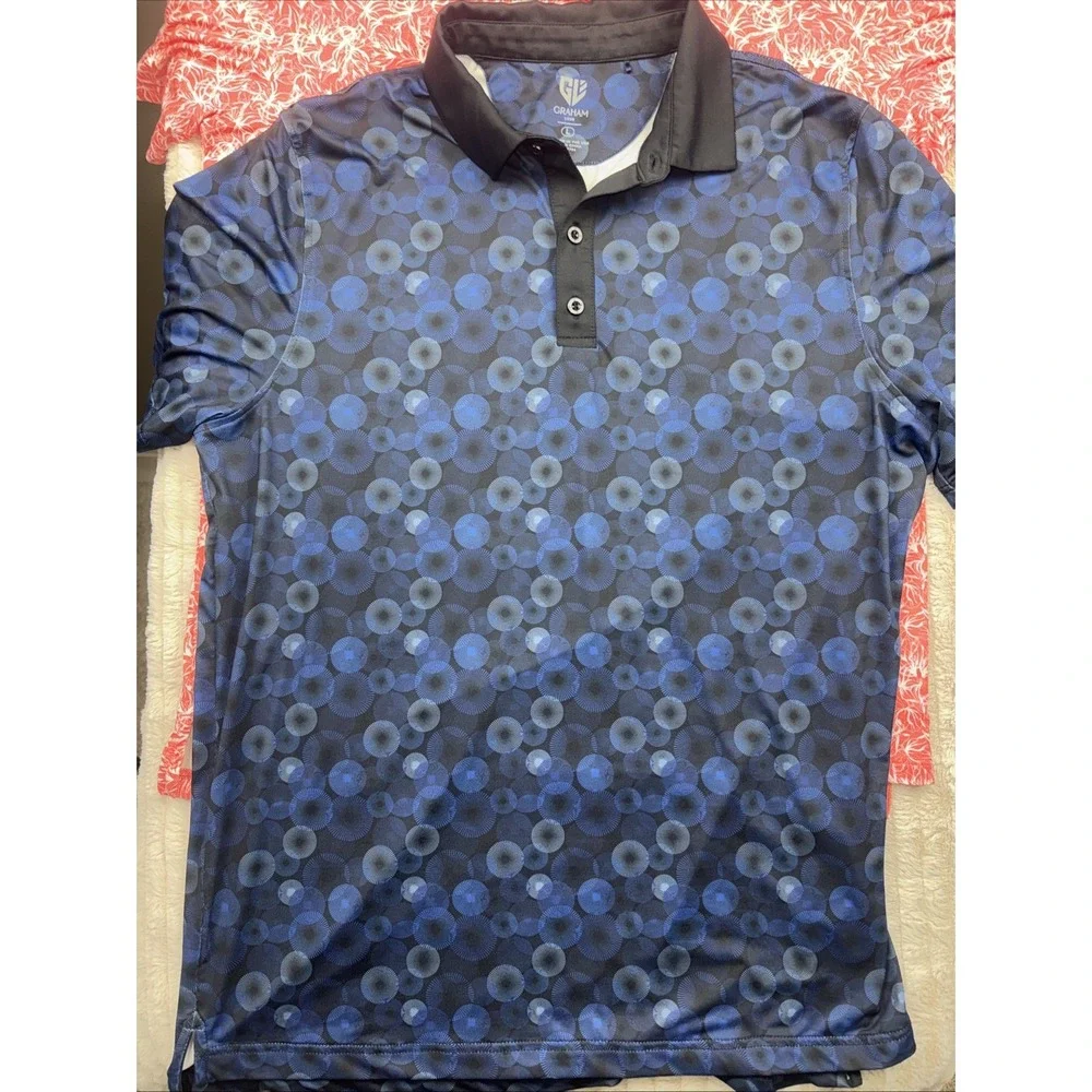 Graham Luxe Polo L Golf Shirts‎ Mens 2 Pack Bundle Set Coral Floral Blue Circles